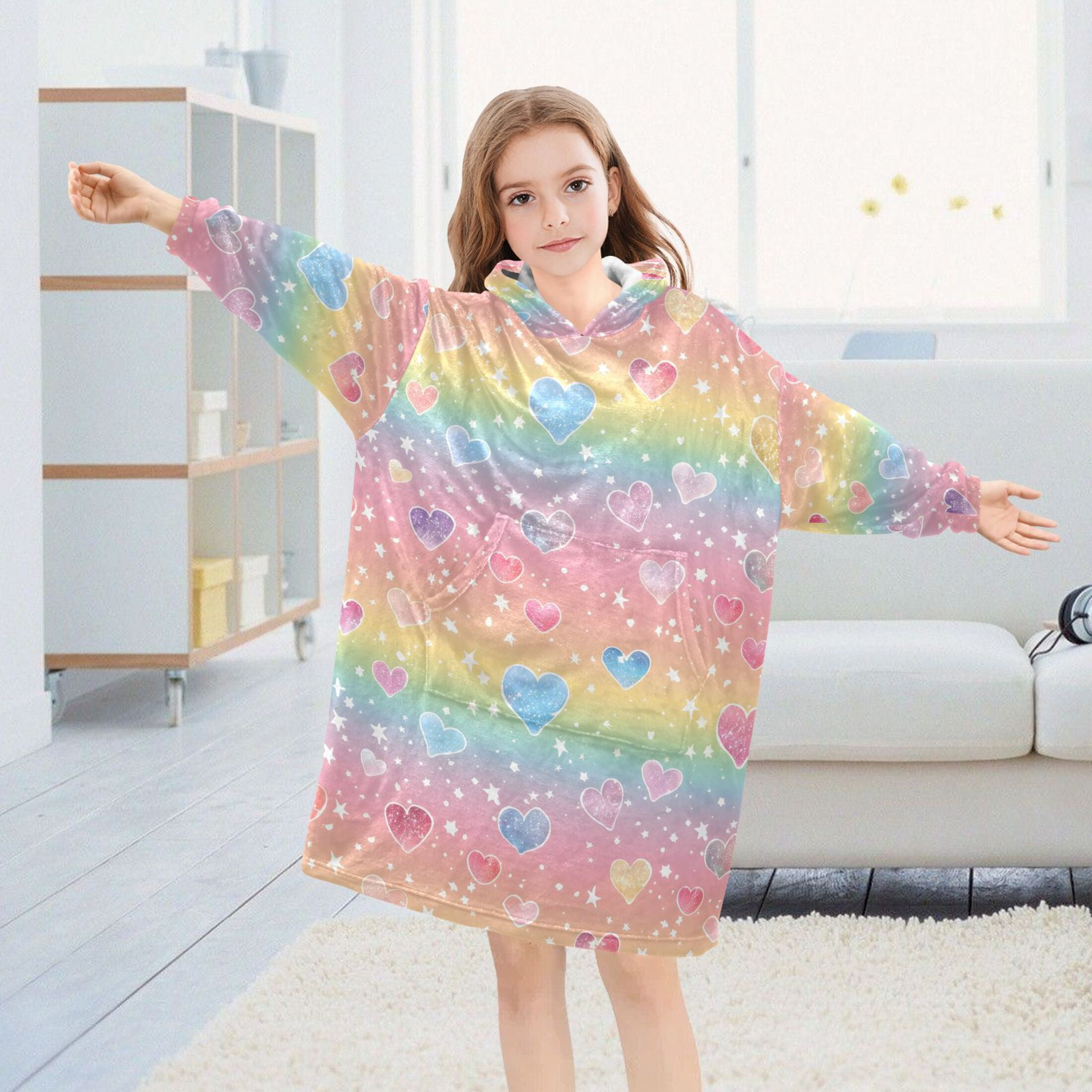 Dailycode Wearable Blanket Hoodie Oversized Sherpa Flannel Blankets with Pocket for 3-14 Year Old Rainbow Hearts