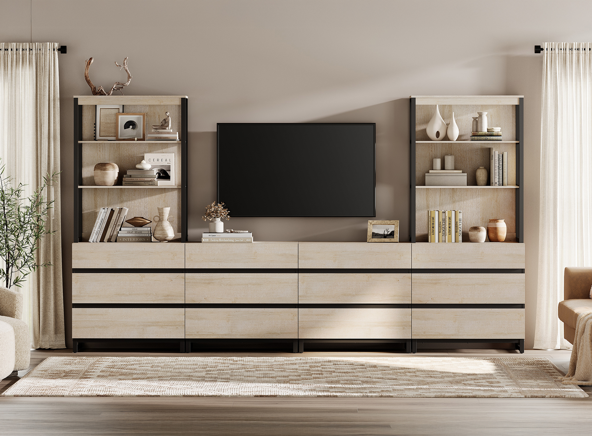 WAMPAT Modern TV Stand, 3-Tier Bookshelf & Farmhouse Entertainment Center with 12 Drawers, Adjustable Shelf & Black Metal Legs, Living Room Media,Console,Beige