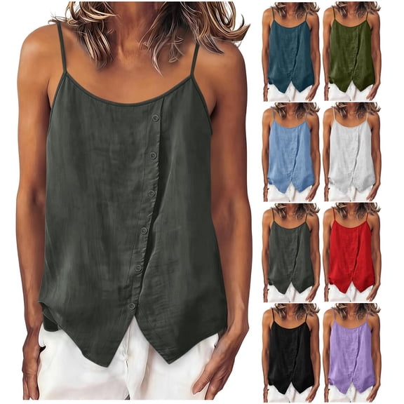VBVC Women's Cotton Linen Side Button Tank Top , Ladies' Spaghetti Strap Asymmetrical Blouse , Summer Vacation Casual Cami For Women ,Army Green,S-2XL