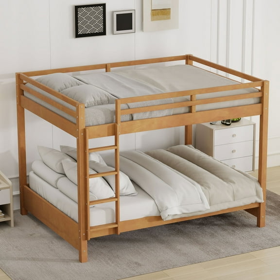 Harper & Bright Designs Queen over Queen Wooden Bunk Bed with Ladder and Guardrails, Queen Size Bunk Beds with Slats Support, Wood