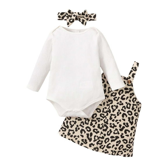 NZRVAWS Newborn Baby Girl Outfit Set 3 Months Long Sleeve Romper Top and Suspender Leopard Print Skirt Set 6 Months Baby Girl Clothes