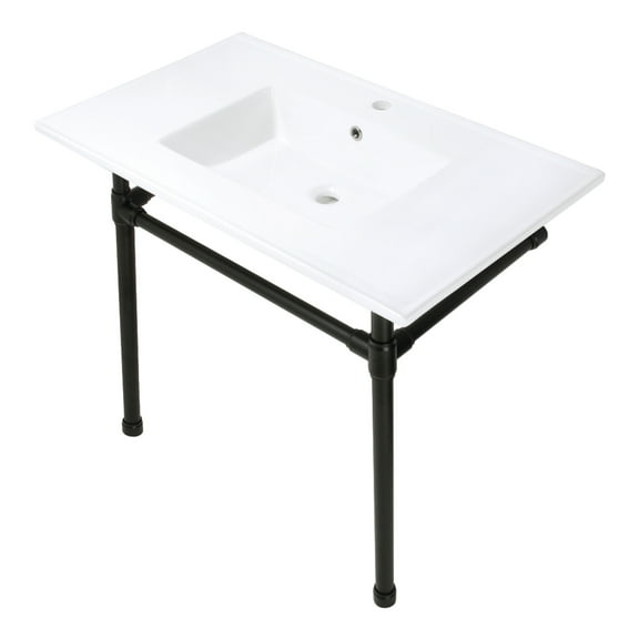Kingston Brass KVPB3722710 Dreyfuss 37" Ceramic Console Sink with Stainless Steel Legs (1-Hole), White/Matte Black
