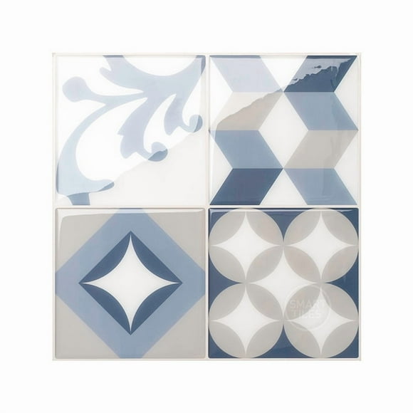 Smart Tiles Peel and Stick Backsplash, 5 Adhesive Tiles, Vintage Blue/Grey, 9"x9"