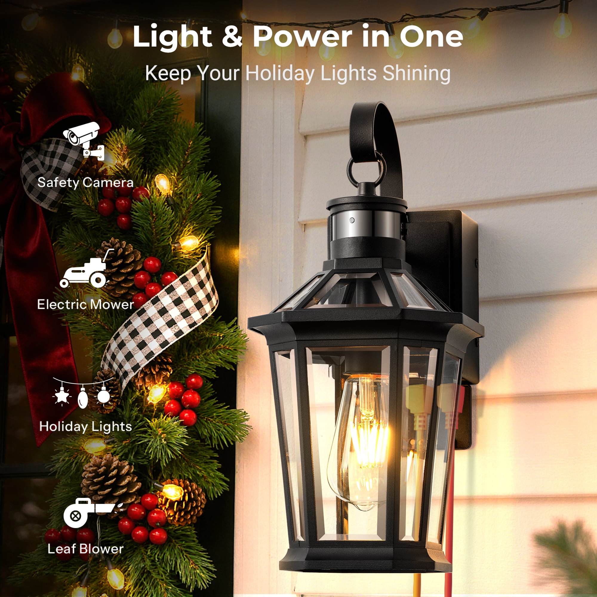 Gleamz Motion Sensor Porch Lights Outdoor with GFCI Outlet, Black Exterior Lighting Fixtures Wall Mount, 100% Aluminum Anti-Rust Waterproof Outside Lights for House Patio Garage