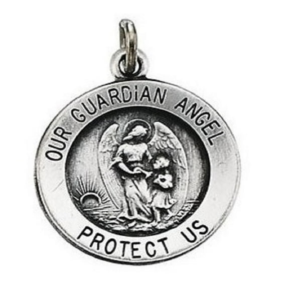 Picturesongold.Com Round Guardian Angel Medal Necklace Pendants - 1/2 inch x 1/2 inch- Sterling Silver