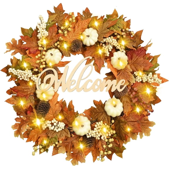 Waipfaru 20inch Fall Wreaths for Front Door,Artificial Autumn Wreath with Lights for Thanksgiving Harvest Halloween Porch Home Decor