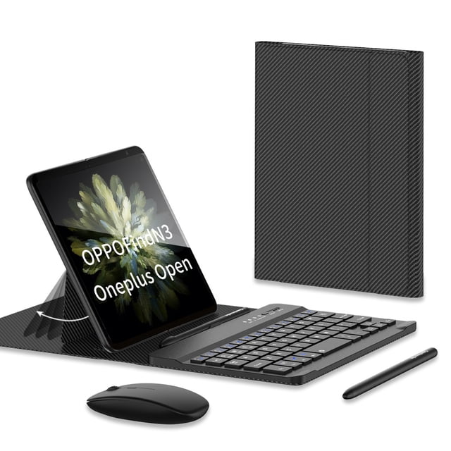 Premium Leather Protective Set for Samsung Z Fold5: Carbon Fiber Pattern Bluetooth Keyboard, Mouse, Touchscreen Pen & Case with Pen Slot - Lightweight, Scratch-Resistant, Magnetic Bracket for Stable