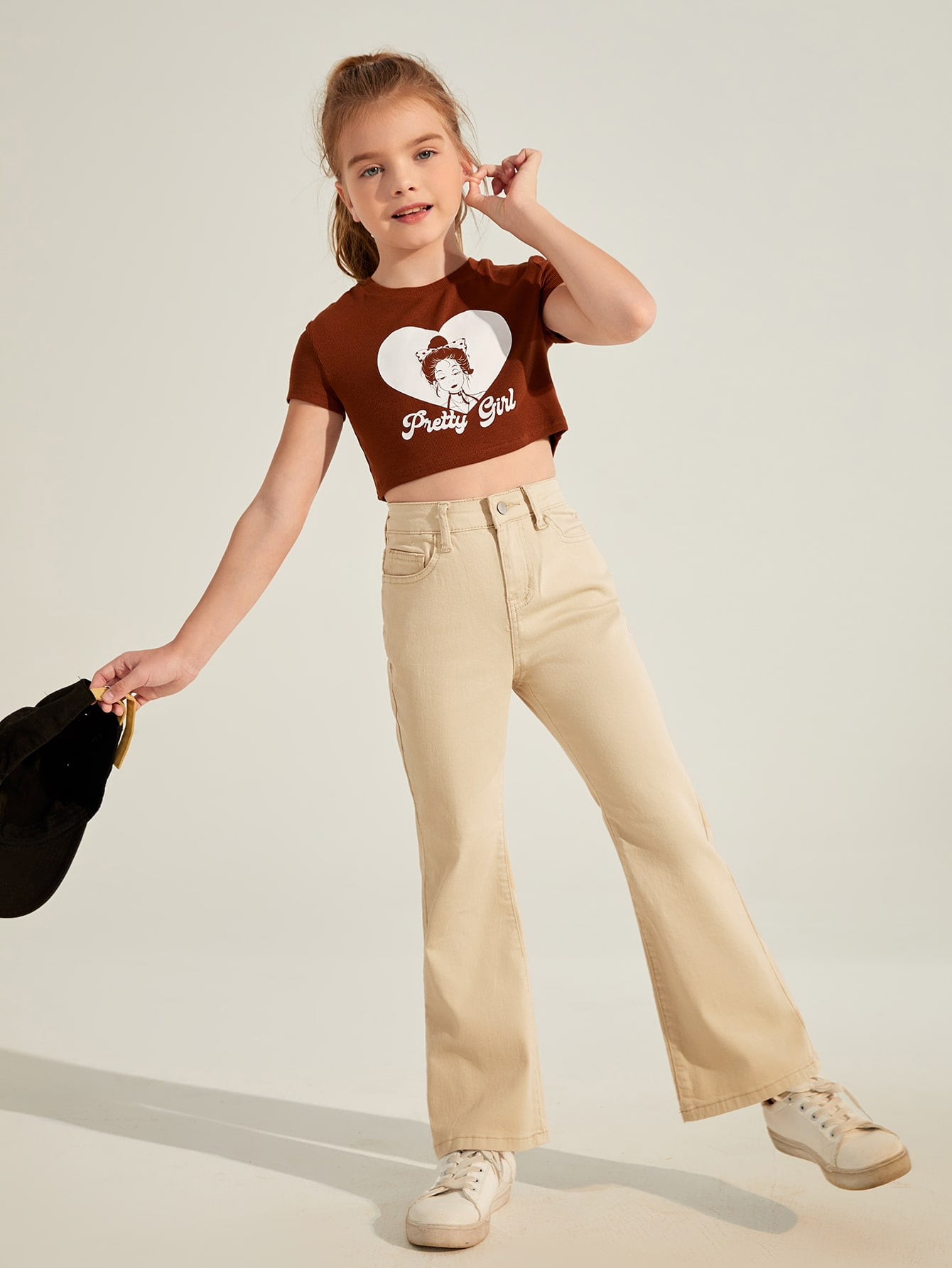 Girls High Waist Flared Leg Jeans Khaki 7Y S038X