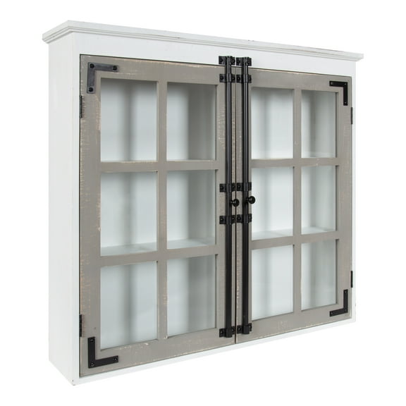Kate and Laurel Hutchins Farmhouse Wood Decorative Cabinet, 30 x 6.5 x 27.5, White and Gray, Wall Cabinet with Window Pane Glass Doors