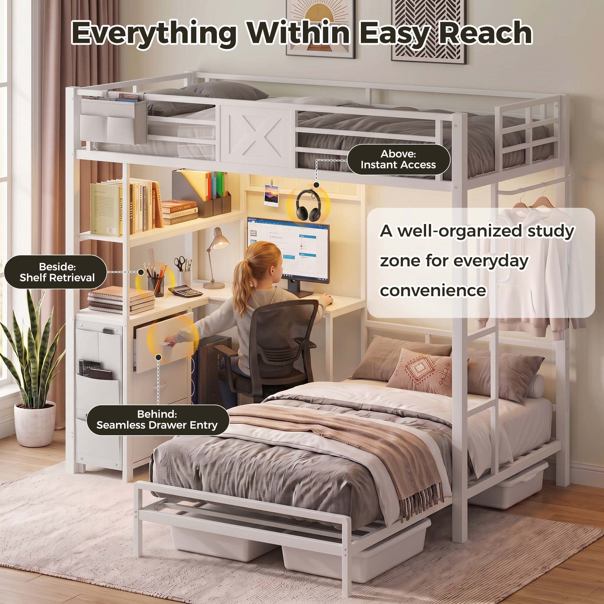 Miniyam Twin XL Over Twin Metal Bunk Bed with L-Shaped Desk, Storage, RGB LED Light and Charging Station, White