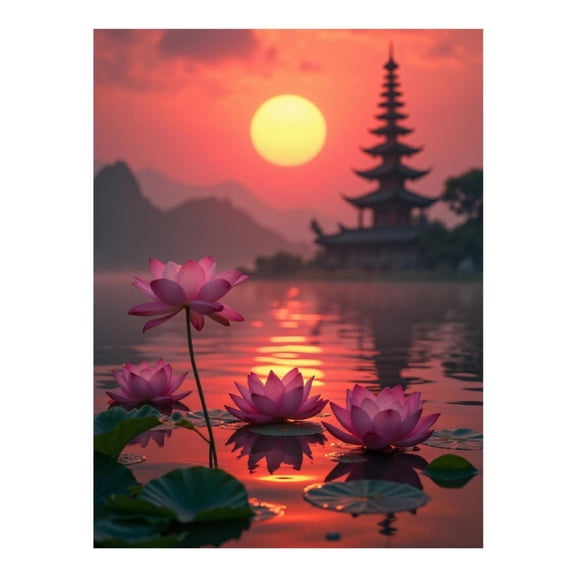 Diamond Art Kit for Adults, Lotus Sunset Pagoda Reflection Diamond Painting for Adults Beginners, 5D DIY Diamond Art Painting Kits, Colorful Diamond Painting Craft for Home Decor 12x16