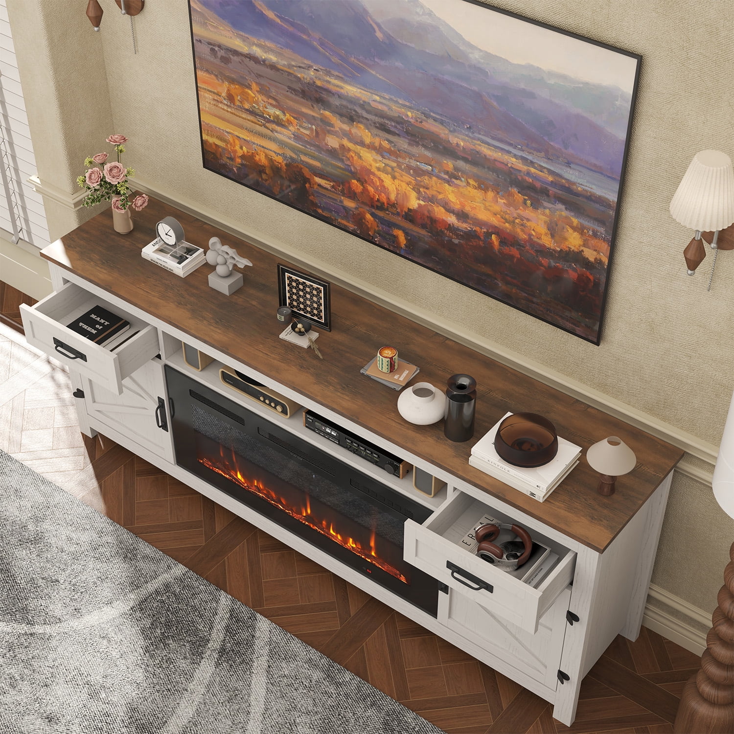 Sonegra Fireplace TV Stand with Barn Door for TVs up to 80", Farmhouse 70" Fireplace Entertainment Center, TV Console with Storage Cabinets for Living Room, White
