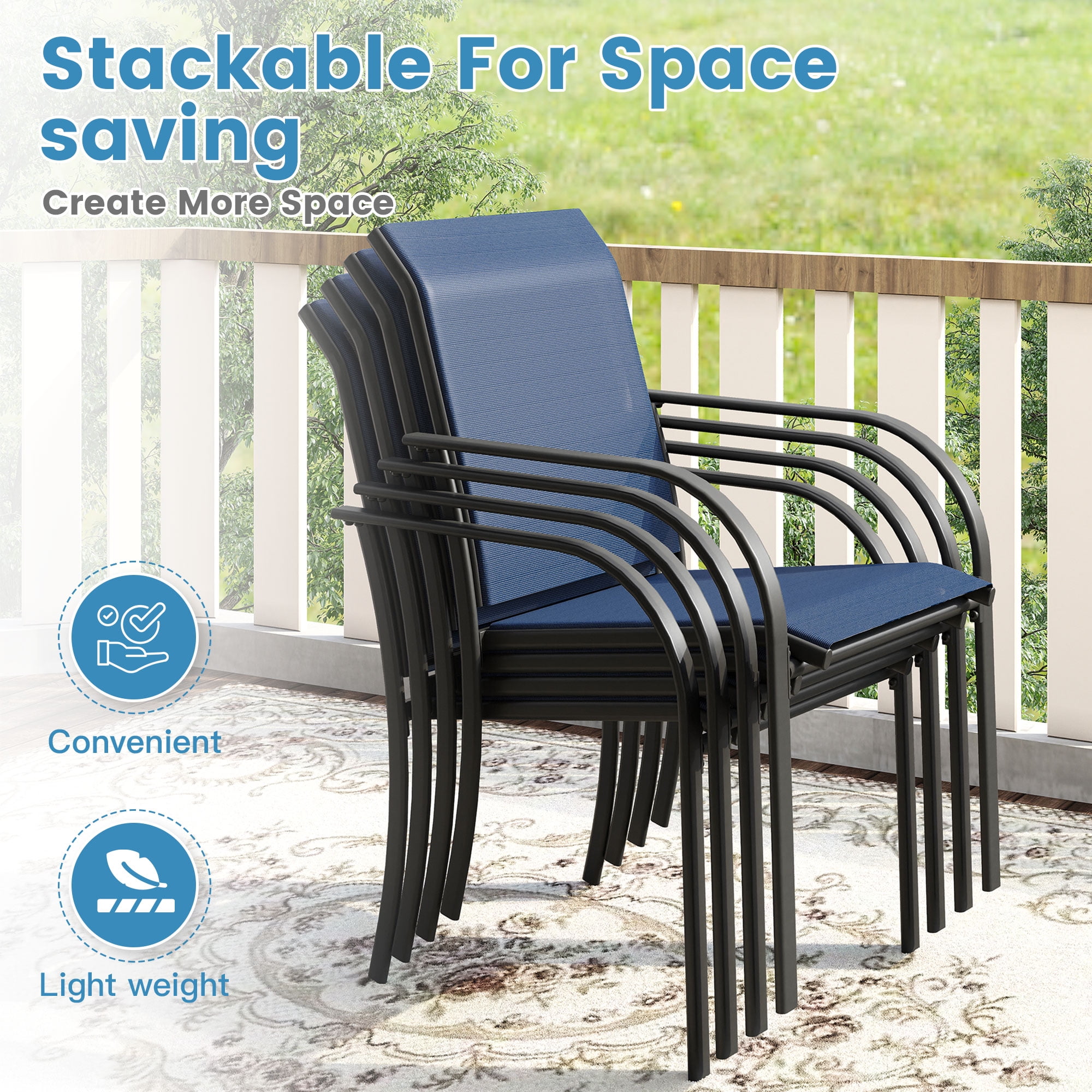 Vicllax Outdoor Dining Chair Patio Chairs Stacking Metal Modern for Deck Garden, Set of 6, Blue