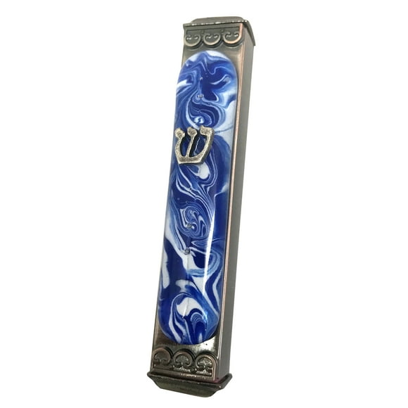 Tamara Baskin Mezuzah en Verre Artistique, Montage Facile Intérieur Ou Extérieur, Boîtier en Métal Résistant aux Intempéries, Coffret Cadeau et Rouleau Non Casher Inclus, Fait à la Main aux É.-U., Garantie à Vie (Bleu Marbré Blanc)