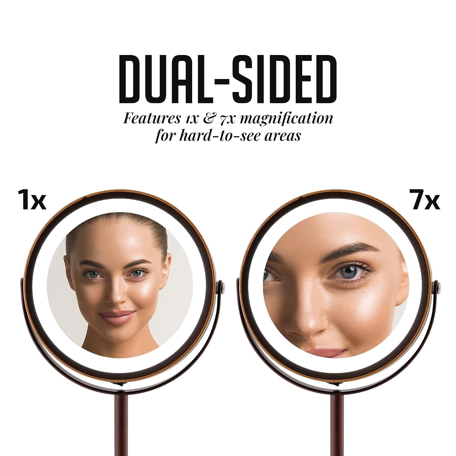 OVENTE 7" Rechargeable Lighted Tabletop Makeup Mirror with 1X/7X Magnification, Double Sided Magnifying Vanity Mirror, 360° Swivel Design, LED White Light and USB Plug, Antique Bronze MCTR70ABZ1X7X