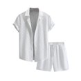 thumbnail image 2 of Men's Summer 2-Piece Set, Solid Color Jacquard Short Sleeve Button-Down Lapel Shirt and Shorts, Lightweight Casual Outfit For Vacation and Beach,White,M, 2 of 6