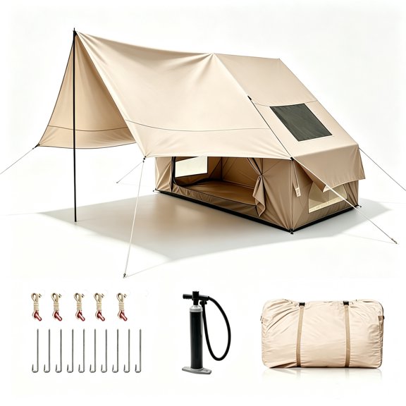 Inflatable Tents for Camping with Skylight, 3-4 Person Air Glamping Tent with Pump, Detachable Porch, Zippered Doors & Mesh Windows, 4 Seasons, Easy Setup Blow Up Tent for Picnicking, Beach