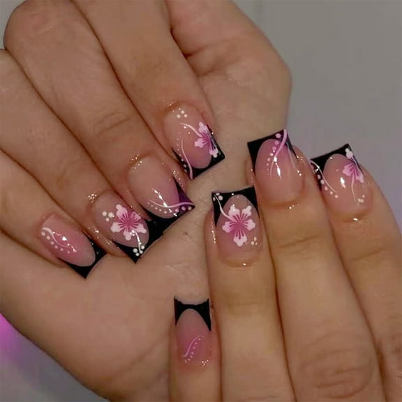 Elegant Black Red Flower Nails Art Stickers Plastic Press On Nails Quick Application 24pcs Daily Fingernails