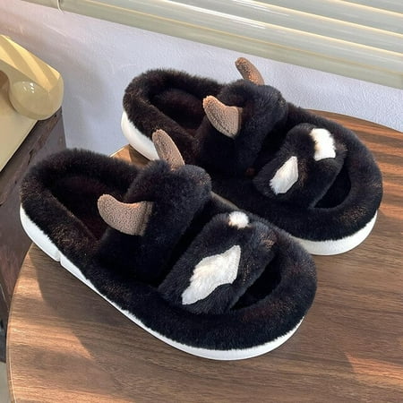 

CoCopeaunt New Cute Cow Slippers Thick Bottom Fluffy Slippers Womens Home Indoor Winter Warm Cartoon Cow Home Cotton Couple Slippers