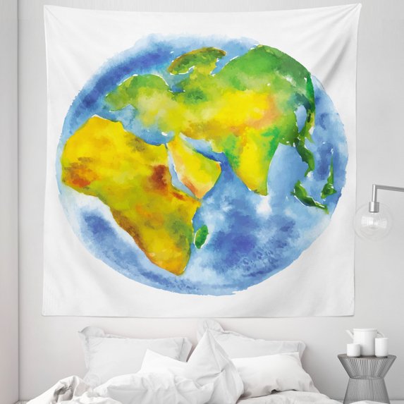 Earth Tapestry, Globe of Earth Painted in Watercolors Cartography Geography Continents, Fabric Wall Hanging Decor for Bedroom Living Room Dorm, 5 Sizes, Pale Blue Green Yellow, by Ambesonne