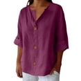 thumbnail image 3 of Womens Beach Tunic Top Cotton Linen V Neck 3/4 Sleeve Loose Blouse Summer Vacation Shirt, 3 of 9