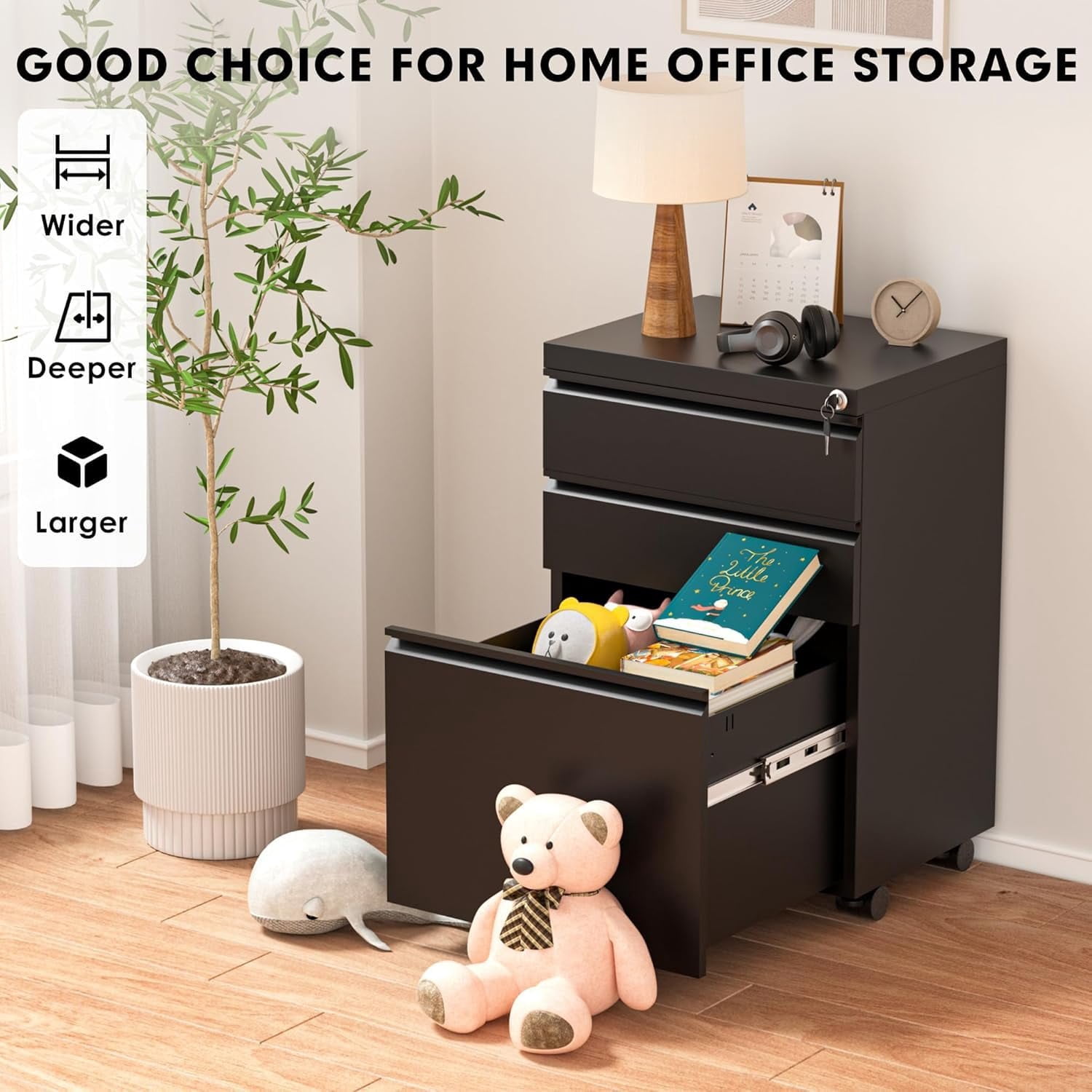 SOLAURA 3 Drawer File Cabinet with Wheels & Lock, Metal Rolling File Cabinet, Under Desk Mobile Filing Cabinet for Office, Fits Legal/Letter/A4 Size(Unassembled, Black)