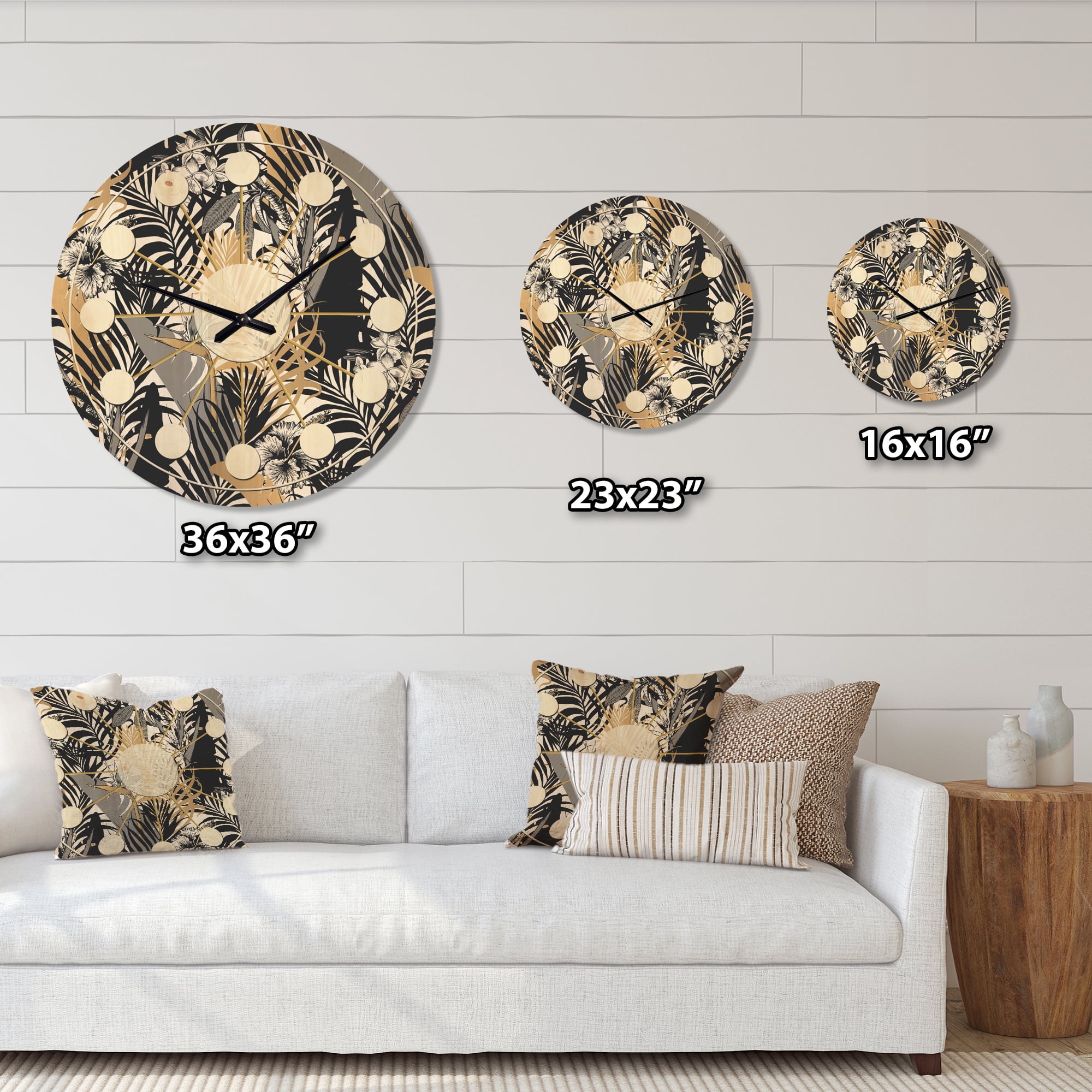 Designart 'Retro Golden Foliage II' Mid-Century Modern Wood Wall Clock