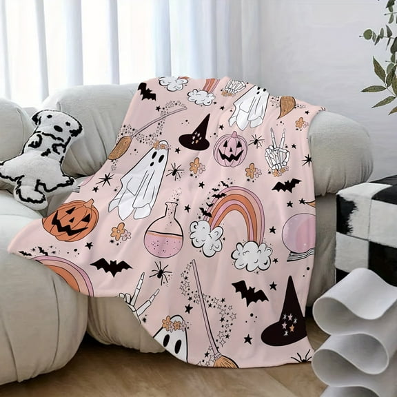 Cozy Pink Rainbow & Halloween Print Flannel Blanket - Soft, Reversible Throw for Bed and Sofa