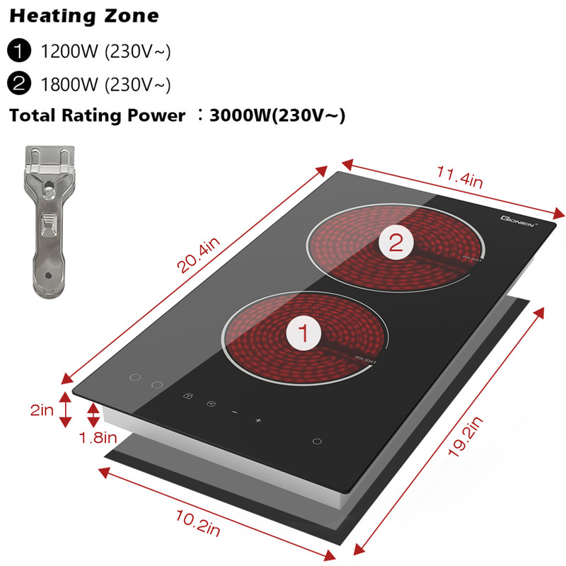 GT 12 in. 2 Elements Radiant Electric Cooktop in Black, with Hard Wire, 3000-Watt