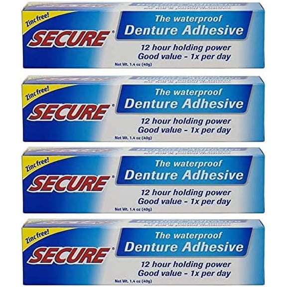 Secure Waterproof Denture Adhesive - Zinc Free - Extra Strong Hold For Upper, Lower or Partials - 1.4 oz (Pack of 4) 1.4 Ounce (Pack of 4)