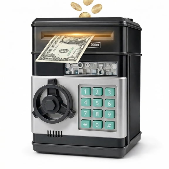 Electronic ATM Piggy Bank for Kids Ages 3–12, Password Money Bank with Automatic Bill Roll & Coin Slot, Large Capacity Coin Cash Saving Box Toy for Boys & Girls,Black