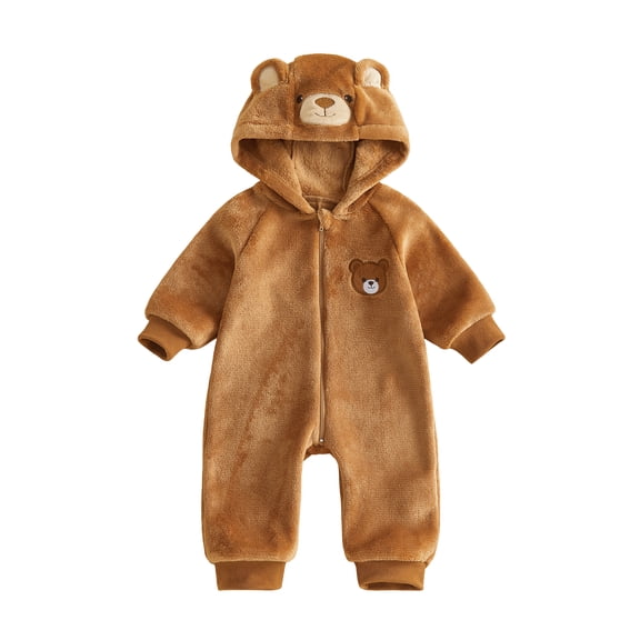 Cjfdfy Newborn Baby Boy Girl Halloween Animal Costume Clothes Brown Bear Long Sleeve Zip Up Hooded Romper Cute My First Halloween Fall Winter Costume 0-18M