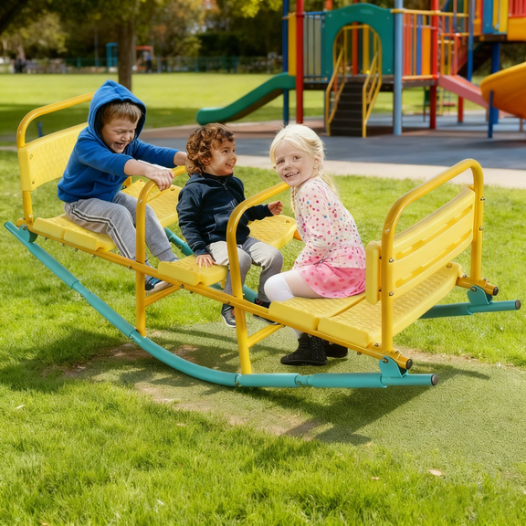 【LuckyNote】3-in-1 Kids Seesaw, Triple Outdoor Indoor Rocking Horse with Safety Handles & Storage, Durable Steel Spring Rider for Backyard Park Playground, Ages 3 
