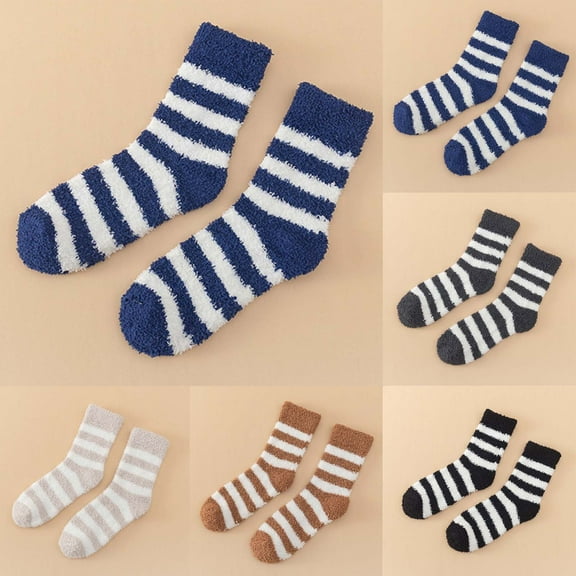 QLEICOM Socks for Men,Unisex Striped Plush Socks Cozy Fleece with Funnyny Print for Winter Indoor Wear Thick Thermal Socks Keep Feet Warm for Men and Women During Sleep Navy