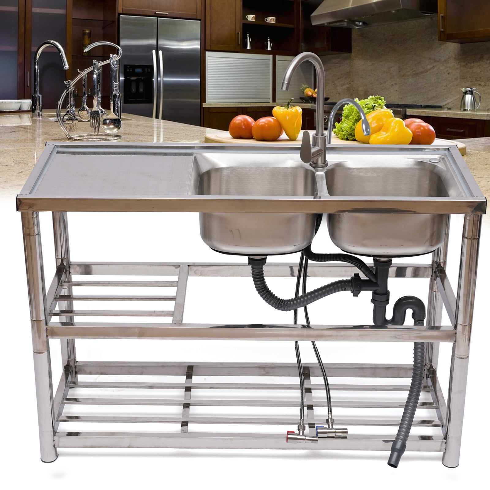 Dwellnix Stainless Steel Utility Sink with Faucet and Shelving, Large Capacity Kitchen Sink with 2 Compartments, Space-Saving Design for Kitchens, Laundry, and Outdoors