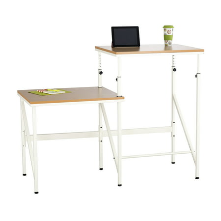 Lot of 3 Elevate Office Work Durable Beech Top & Cream Steel Legs Bi-Level Desk With Adjustable