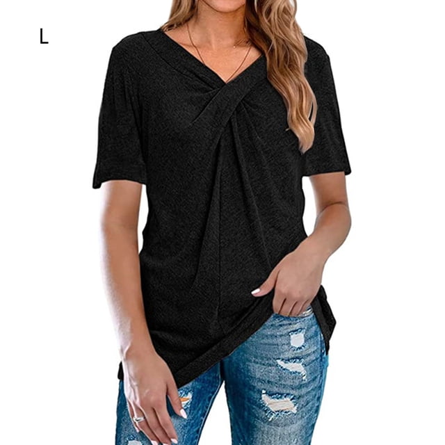 Camiseta de mujer Jumpingount con cuello en V manga corta color sólido Negro L