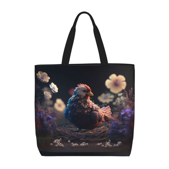 Hirioo White Purple Flower Chicken for Tote Bag for Women, Quilted Shoulder Bag with Zipper, Large Capacity Handbags for Casual, Travel, Work