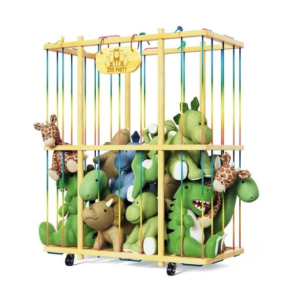Large Stuffed Animal Zoo Storage Cage, Plush Toy Storage Organizer with Wheels, Bamboo Stuffed Animal Holder, Creative Stuffed Animal Storage for Nursery Playroom