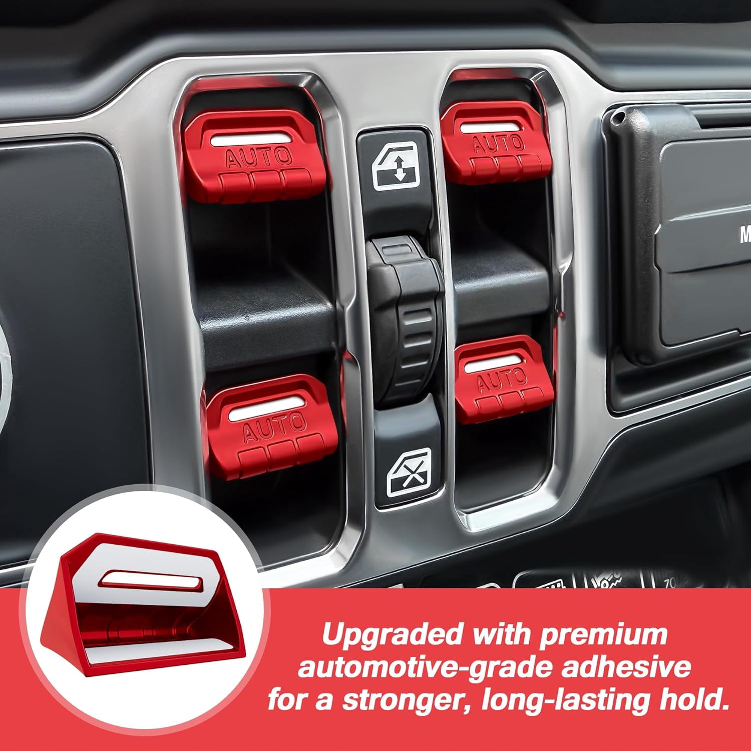 4PCS Premium Aluminum Window Decorative Switch Ring Trims Button Cover Set for Jeep Wrangler JL JLU 2018-2025 2026 & Gladiator JT 2020-2026 Accessories - Metal Finish, Interior Upgrade (Red)