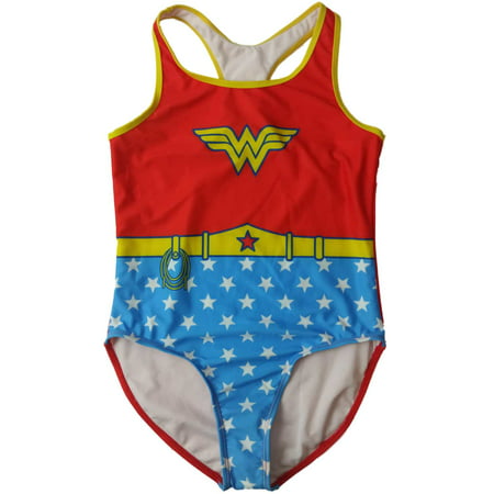 Girls DC Wonder Woman Super Hero Costume Red & Blue Swimming Suit One