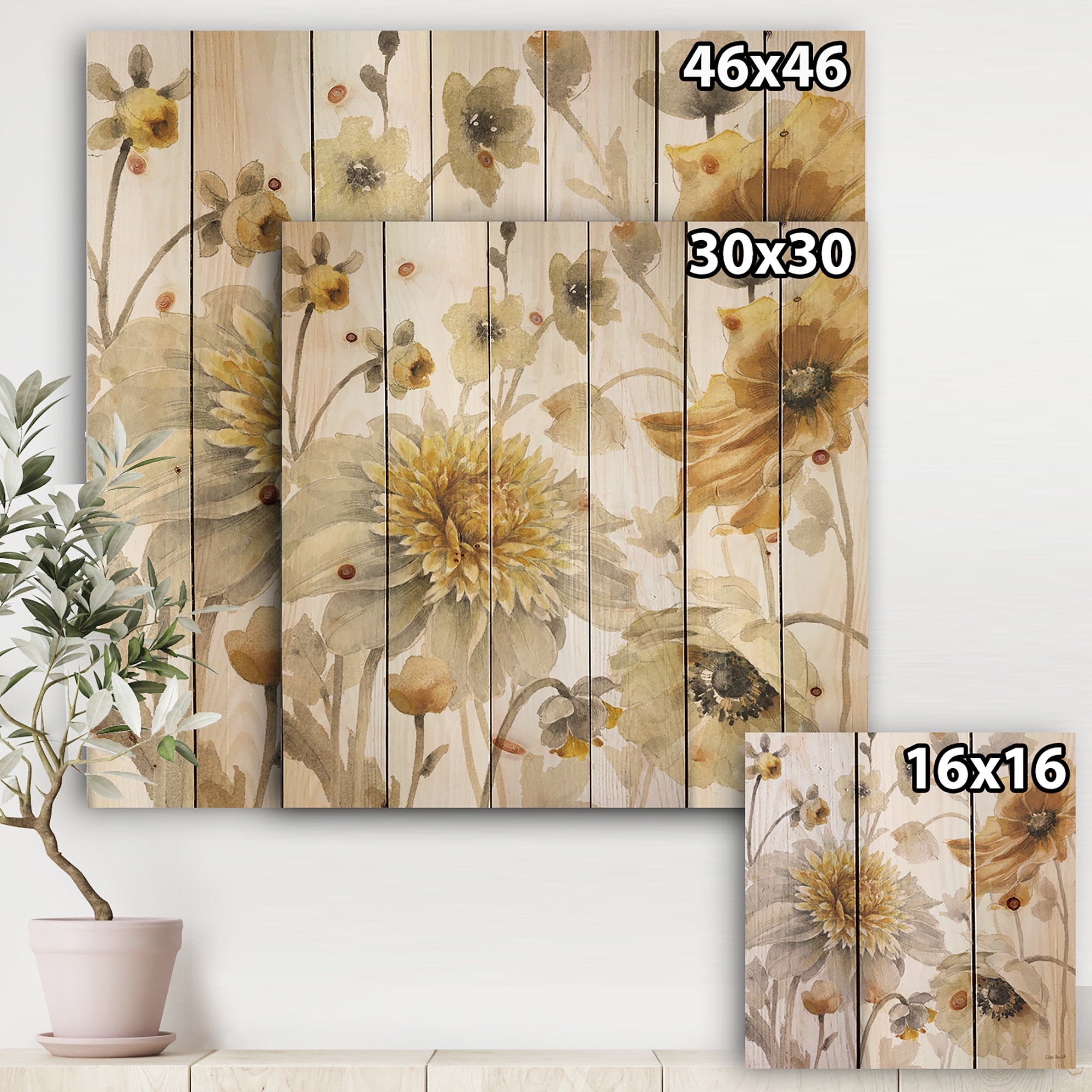 Designart Fields of Gold Watercolor Flower VI Traditional Print on Natural Pine Wood Art Print, 46" x 46"