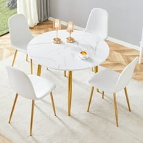 NYEESS 5-Piece Extendable Dining Table Set, 42"-54" Round to Oval White Faux Marble-Textured MDF Top & Gold Metal Legs, Modern Kitchen Table Set with 4 White Fabric Chairs