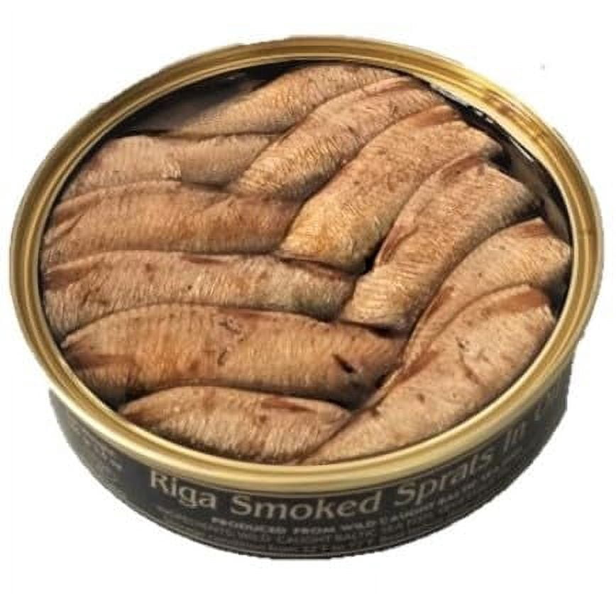 Sprats Riga AF08 Smoked (12 Pack) Gold Star 5.6 Oz Tins in vegetable Oil Latvia