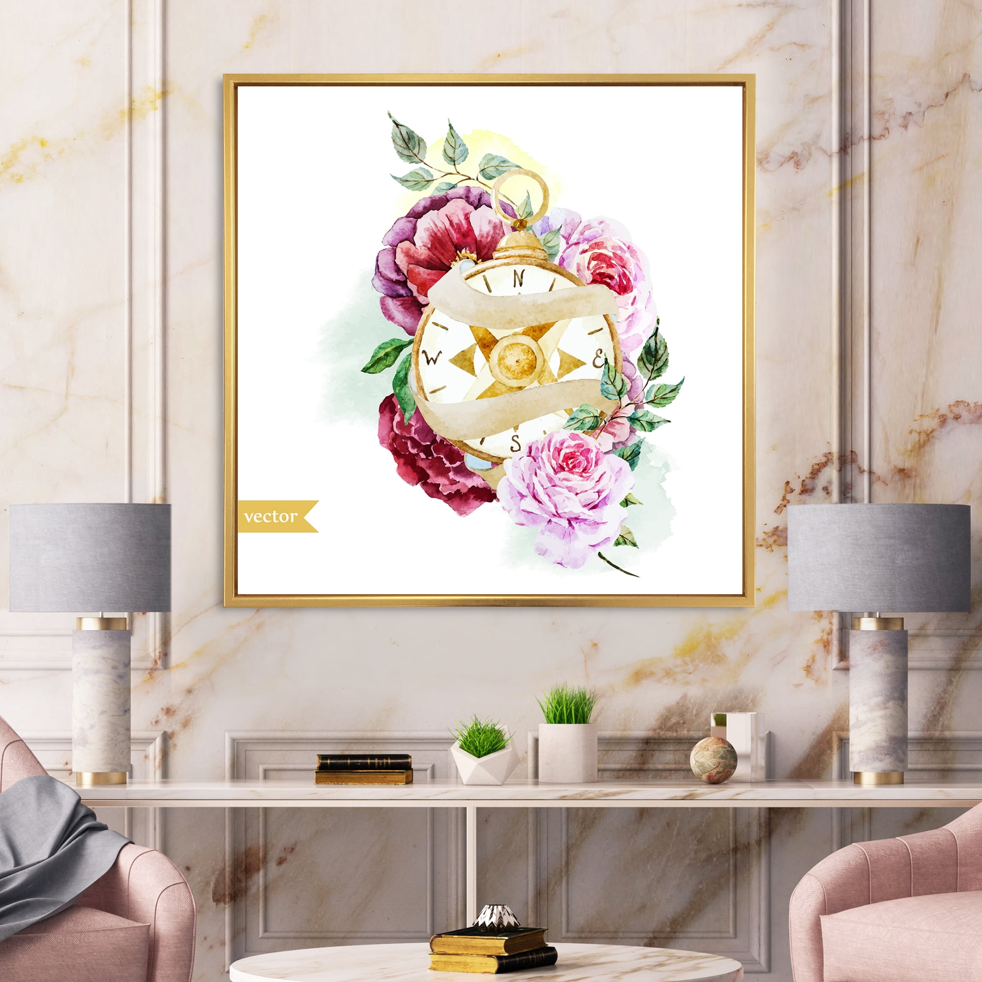 Designart 'Compass Among Flowers' Traditional Framed Canvas Wall Art Print