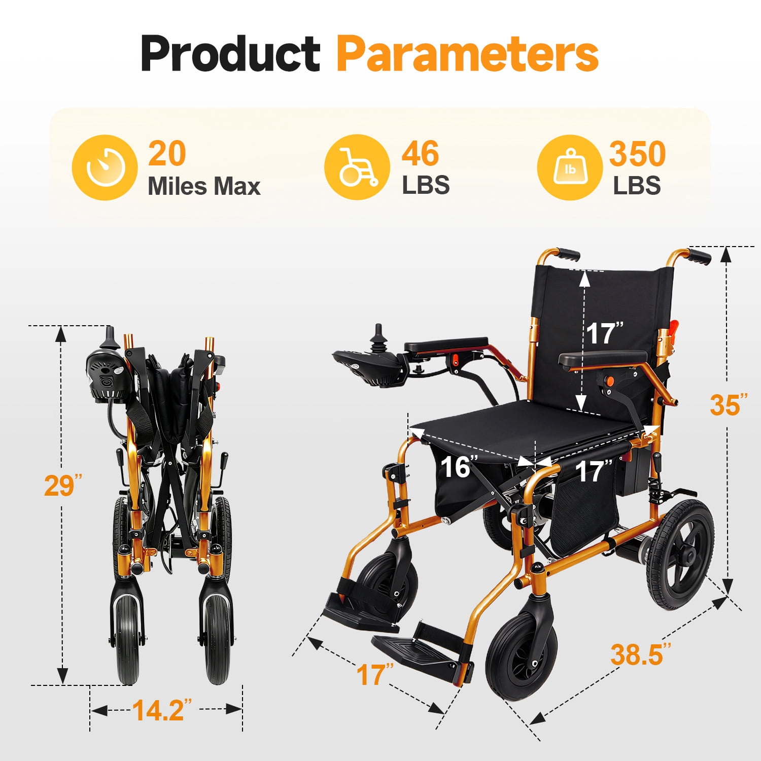 MediNex Electric Wheelchair, 20+ Miles Range(350LBS) ,Lightweight Foldable Electric Wheelchairs for Adults,12Ah Lithium Battery,Motorized Wheelchair,Orange,16in Width