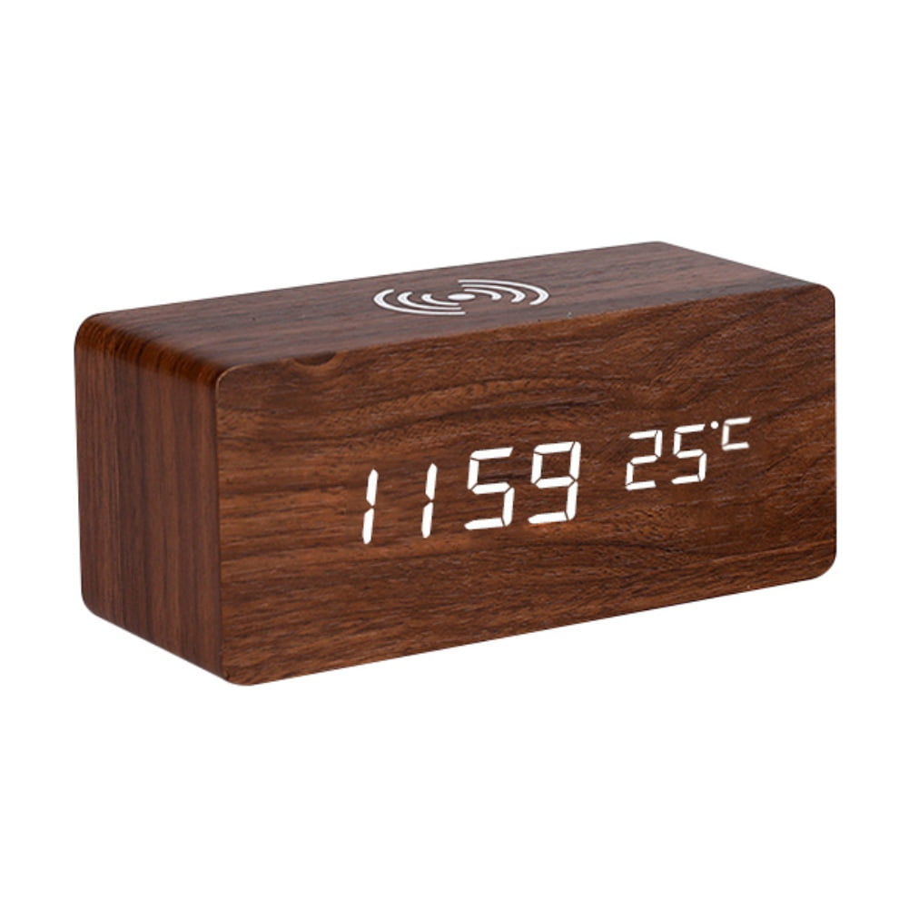 MultiFunctions Digital Wooden Alarm Clock with Wireless Charging