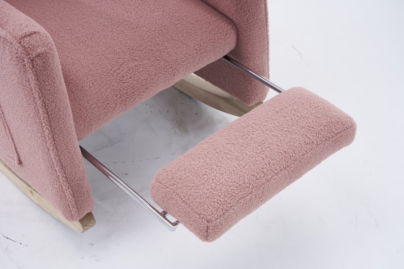 Teddy Fabric Nursery Rocking Chair With Adjustable Footrest, Upholstered Glider Armchair with Safe Solid Wood Base and Side Pocket for Living Room Bedroom (Pink)