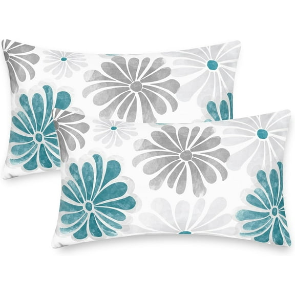 Throw Pillow Covers Decorative 12 X 20 Inches Pack of 2 Cozy Fleece Two-Tone Blooming Flowers Decorative Cushion Cases for Couch Bed Sofa Farmhouse Decoration Teal Dark Grey