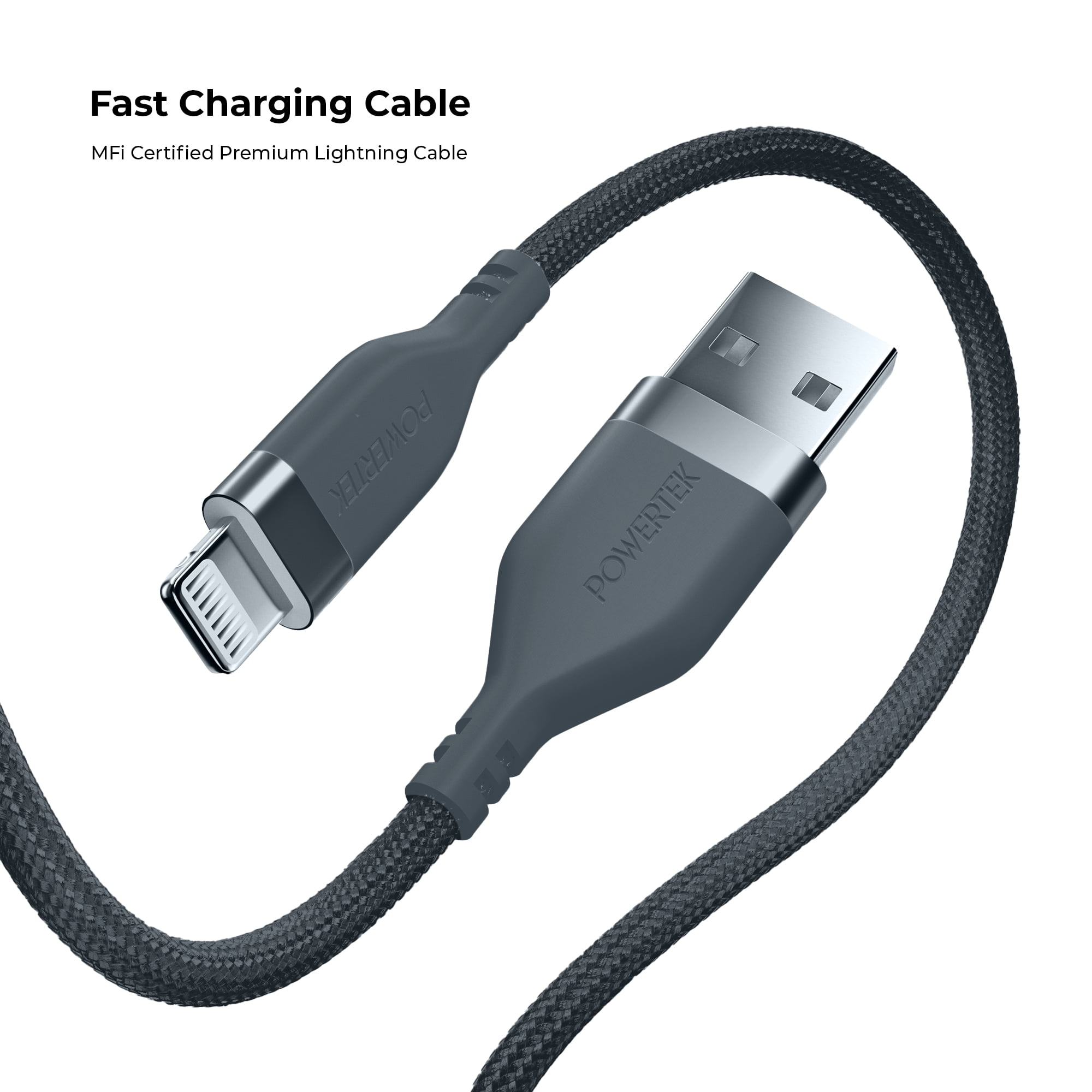 Liquipel Powertek Premium Braided USB-A to Lightning Cable - Grey